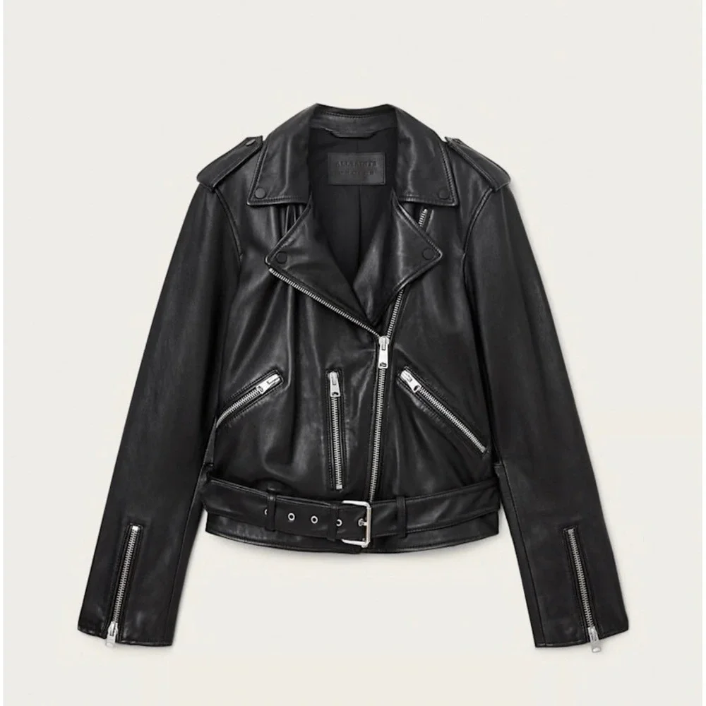 Edgy Moto AllSaints Balfern Sheep Leather‎ Biker Jacket Black size 10 $619